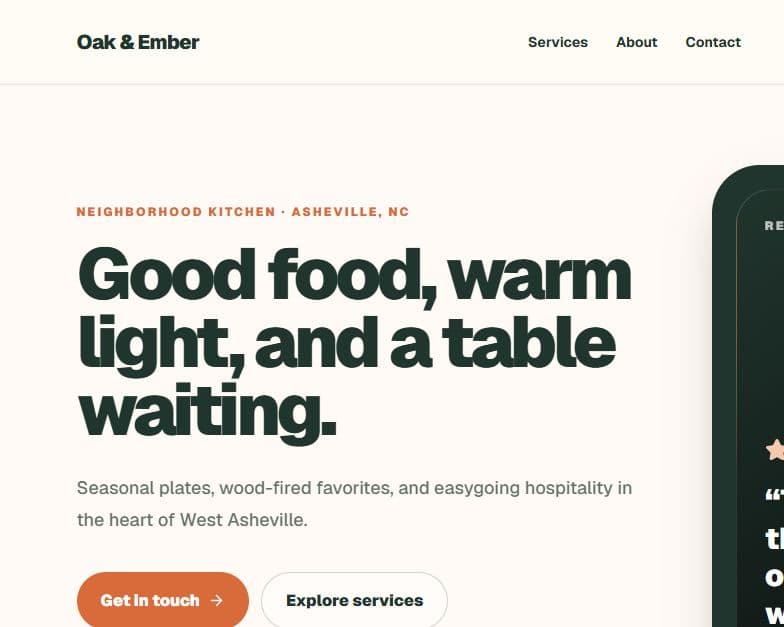 Oak & Ember concept website homepage